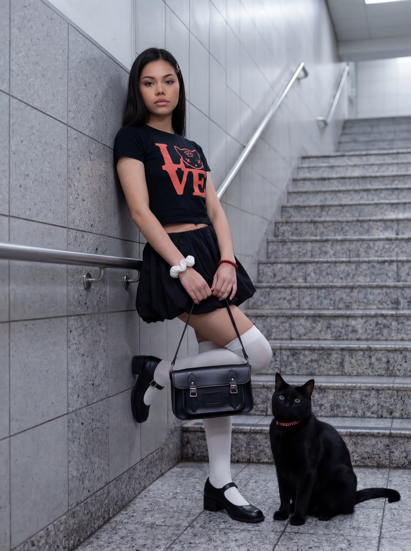 Kat Phyte model in LOVE Part 2 graphic crop top, dark editorial styling